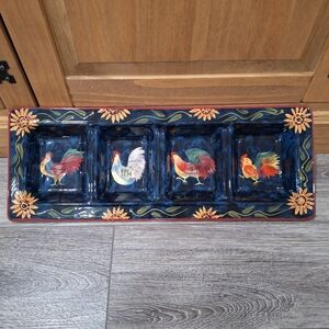 Certified International Sunrise Rooster 4-Section Serving Tray, Blue Ceramic